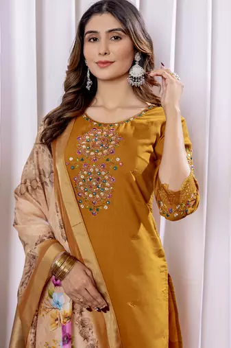 Mustered Designer Straight Kurti Pant Dupatta Set With Embroidery And Hand Work