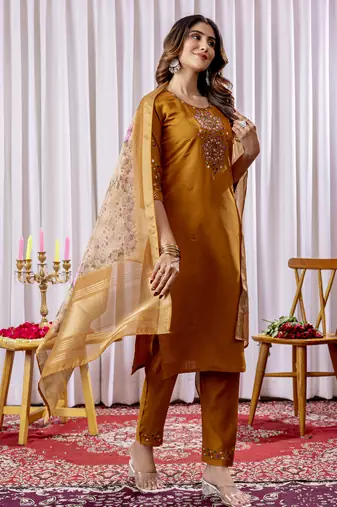 Mustered Designer Straight Kurti Pant Dupatta Set With Embroidery And Hand Work
