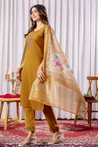 Mustered Designer Straight Kurti Pant Dupatta Set With Embroidery And Hand Work