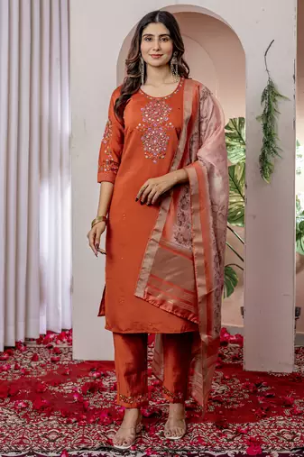 Orange  Designer Straight Kurti Pant Dupatta Set With Embroidery And Hand Work
