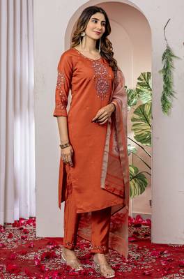 Orange Designer Straight Kurti Pant Dupatta Set With Embroidery And Hand Work 4