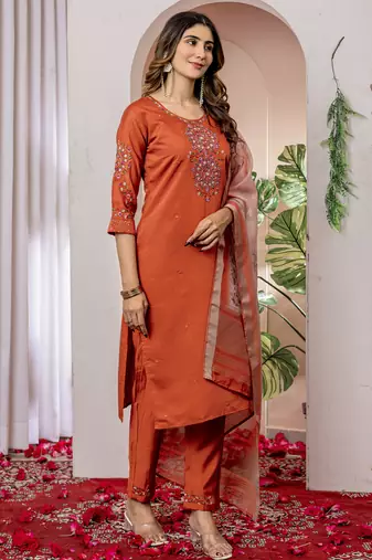 Orange Designer Straight Kurti Pant Dupatta Set With Embroidery And Hand Work