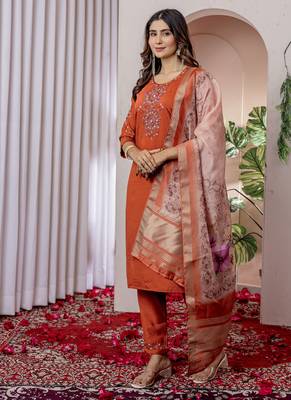 Orange Designer Straight Kurti Pant Dupatta Set With Embroidery And Hand Work 5