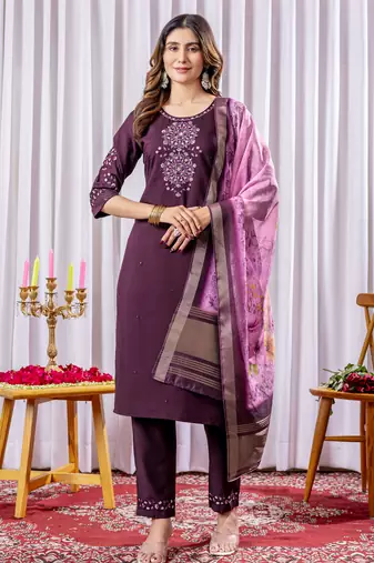 Wine Designer Straight Kurti Pant Dupatta Set With Embroidery And Hand Work