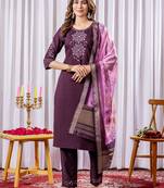 Wine Designer Straight Kurti Pant Dupatta Set With Embroidery And Hand Work