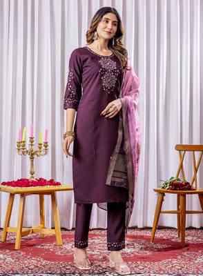Wine Designer Straight Kurti Pant Dupatta Set With Embroidery And Hand Work 4