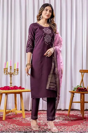 Wine Designer Straight Kurti Pant Dupatta Set With Embroidery And Hand Work