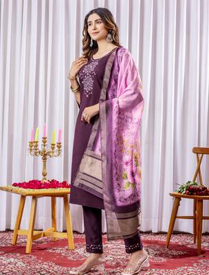 Wine Designer Straight Kurti Pant Dupatta Set With Embroidery And Hand Work 5