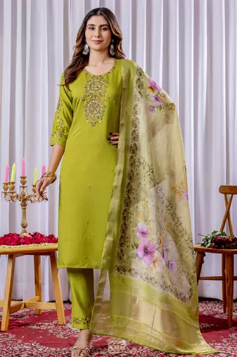 Parrot green Designer Straight Kurti Pant Dupatta Set With Embroidery And Hand Work