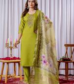 Parrot green Designer Straight Kurti Pant Dupatta Set With Embroidery And Hand Work