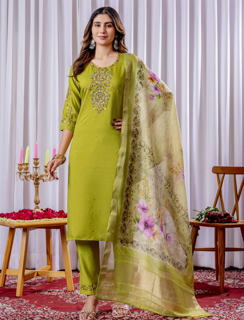 Parrot green Designer Straight Kurti Pant Dupatta Set With Embroidery And Hand Work