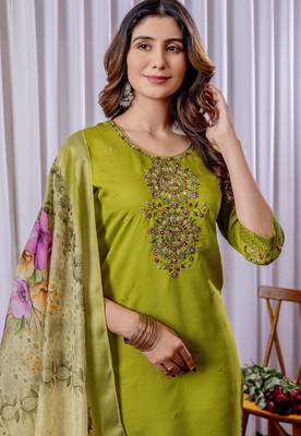 Parrot green Designer Straight Kurti Pant Dupatta Set With Embroidery And Hand Work 3