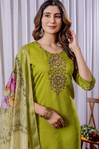 Parrot green Designer Straight Kurti Pant Dupatta Set With Embroidery And Hand Work