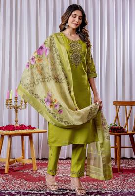 Parrot green Designer Straight Kurti Pant Dupatta Set With Embroidery And Hand Work 4