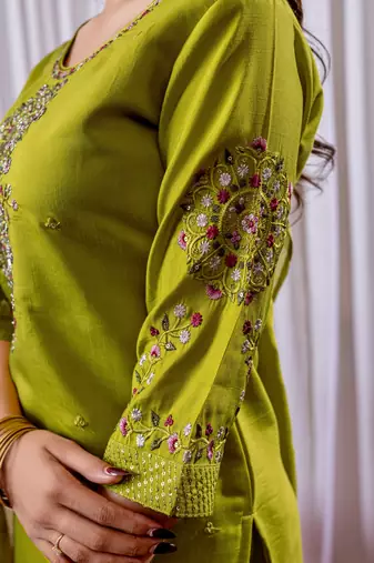 Parrot green Designer Straight Kurti Pant Dupatta Set With Embroidery And Hand Work
