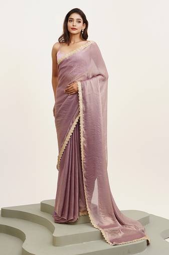 Lavender sequin satin party wear saree for women with blouse piece