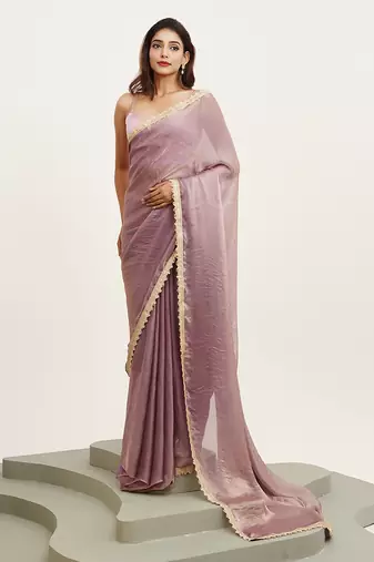 Lavender sequin satin party wear saree for women with blouse piece