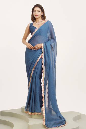 Teal embellished sequin chiffon festive wear saree with blouse