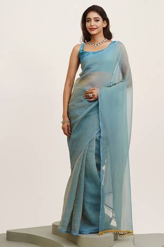 Turquoise blue plain satin casual saree for daily wear with blouse