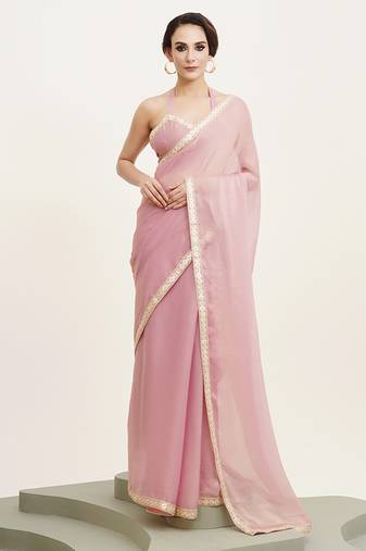 Pink sequin chiffon saree for women festive wear with blouse piece