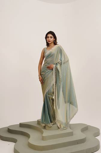 Metallic satin saree with beads embellishment and blouse