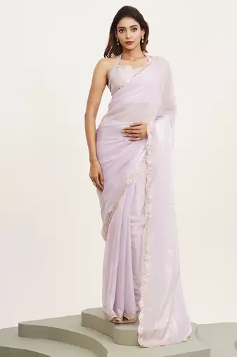 Lavender sequin tissue designer saree with blouse for wedding wear
