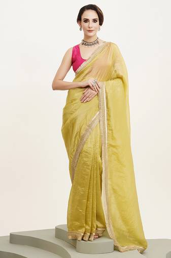Lime yellow sequin silk saree party collection with contrast blouse
