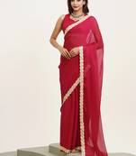 Red sequin chiffon wedding saree for women with blouse piece