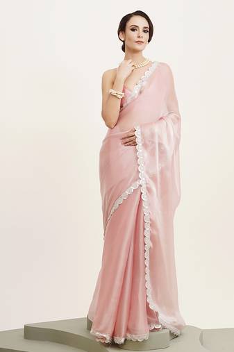 Pink sequin organza saree for party & festive wear with blouse