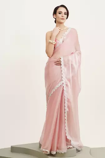 Pink sequin organza saree for party & festive wear with blouse