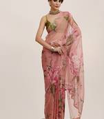 Pink mirror work floral organza designer saree with blouse