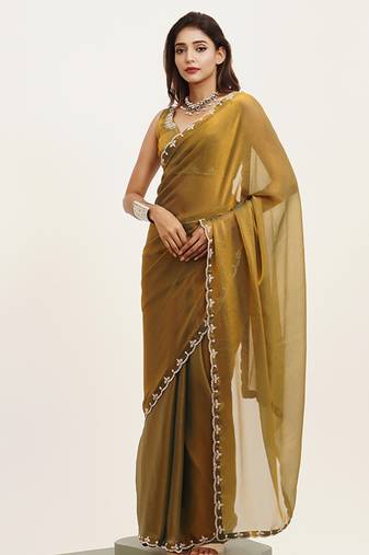 Metallic satin saree with beads & stone work and designer blouse