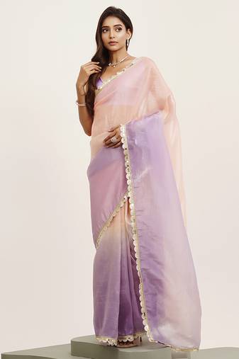 Peach sequin tissue saree for wedding events with attached blouse