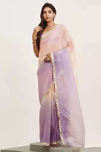 Peach sequin tissue saree for wedding events with attached blouse
