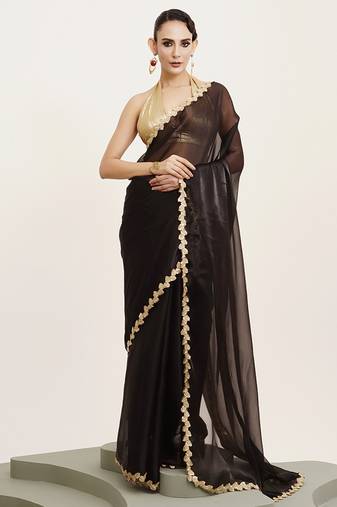 Black sequin organza saree for festive wear with  blouse