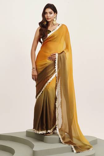 Mustard sequin chiffon ethnic saree for women with blouse