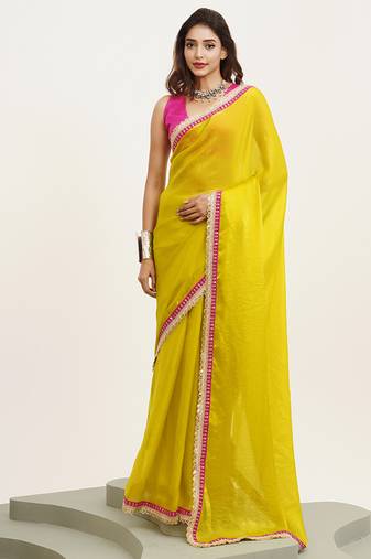 Metallic yellow sequin satin party saree with  blouse
