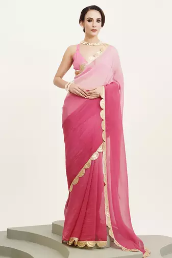 Pink sequin chiffon festival saree with designer blouse