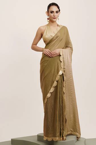 Metallic green sequin tissue saree for women with blouse