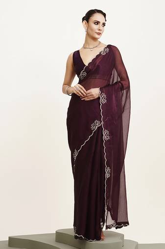 Purple beads & stones chiffon saree party wear with blouse