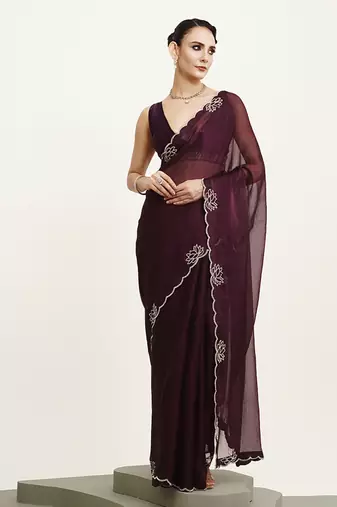 Purple beads & stones chiffon saree party wear with blouse