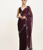 Purple beads & stones chiffon saree party wear with blouse
