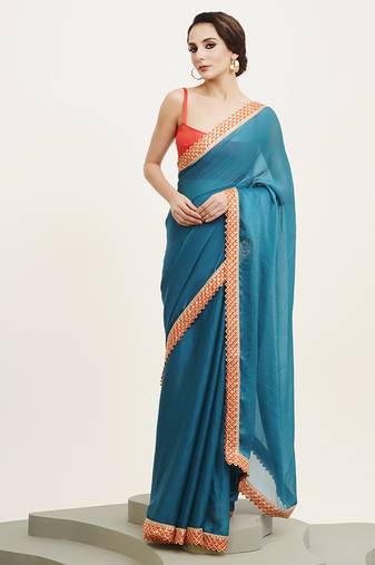Teal sequin chiffon saree festive collection with blouse