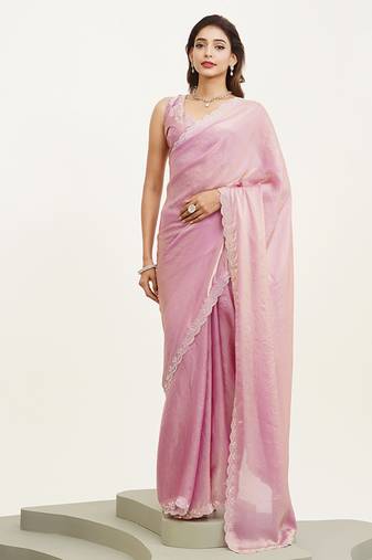 Pink beads & stones silk saree for wedding look with blouse