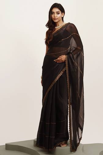 Black beads organza saree with border and blouse
