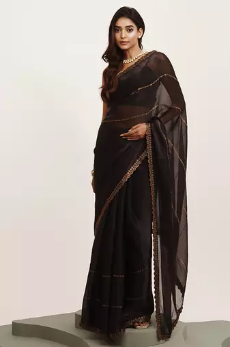 Black beads organza saree with heavy border and blouse