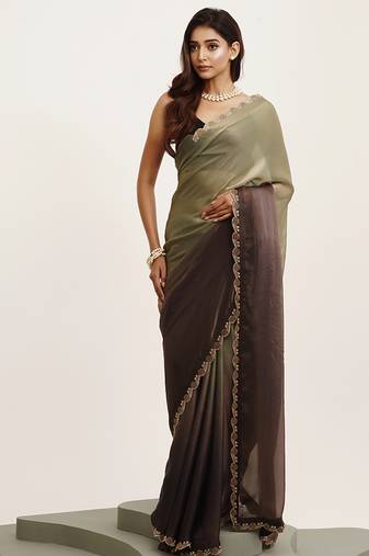 Grey beads satin saree with stones work and designer blouse