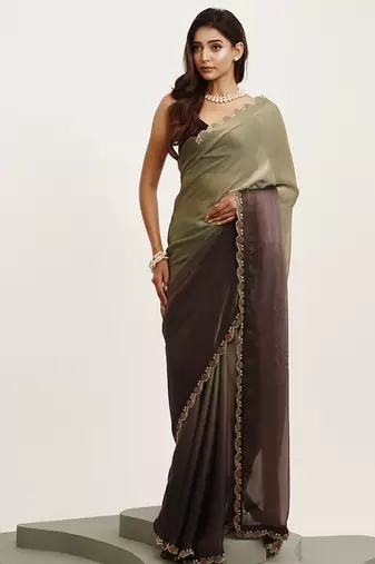 Grey beads satin saree with stones work and designer blouse