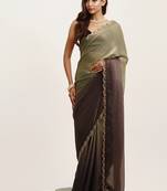 Grey beads satin saree with stones work and designer blouse
