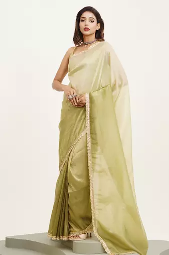 Green sequin chiffon saree for women daily/festival use with blouse